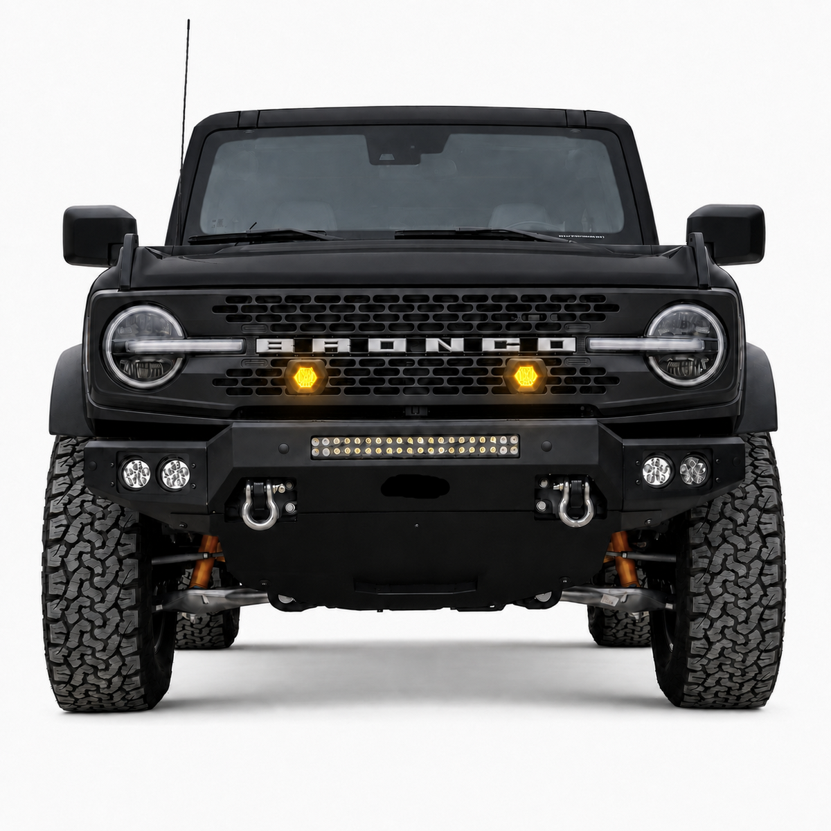 Visualization of VNTR WORKS Baja Designs S1 grille integration on a black Ford Bronco