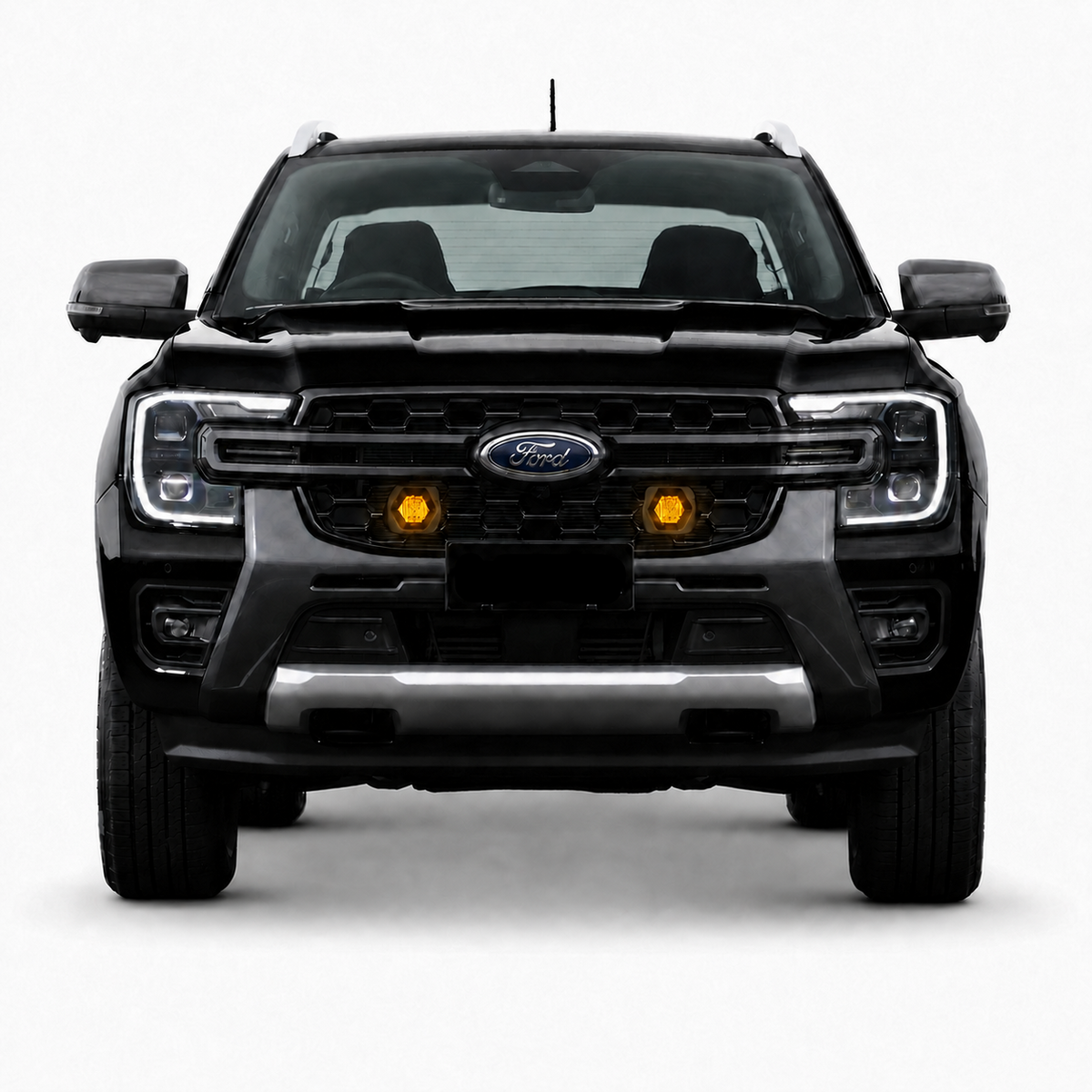Visualization of VNTR WORKS Baja Designs S1 grille integration on a black Ford Ranger