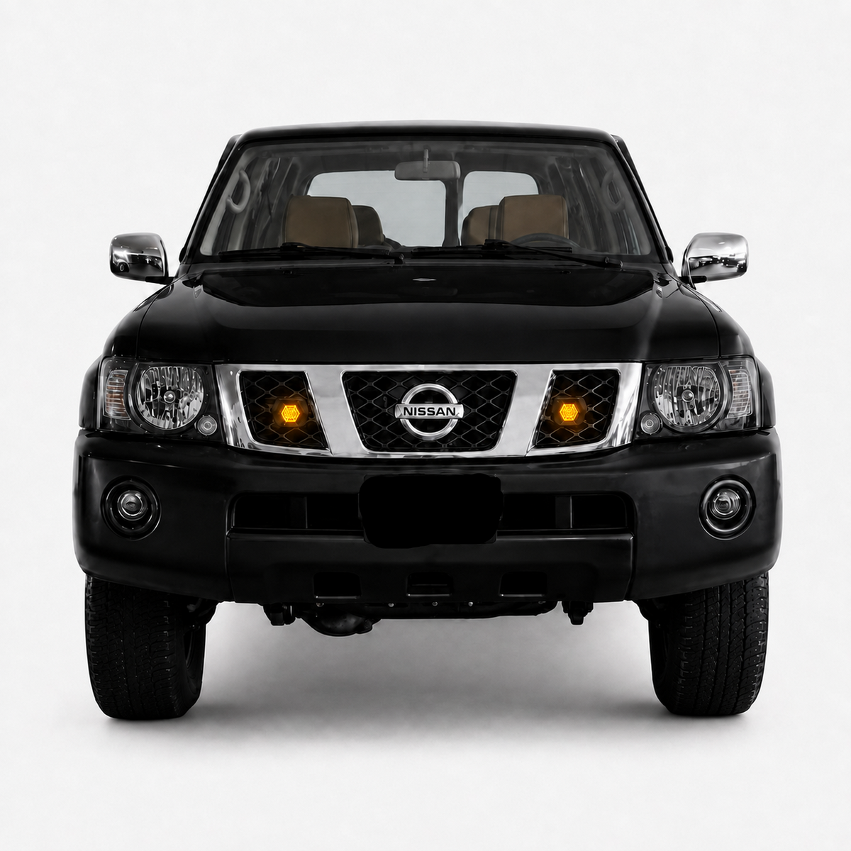 Visualization of VNTR WORKS Baja Designs S1 grille integration on a black Nissan Patrol