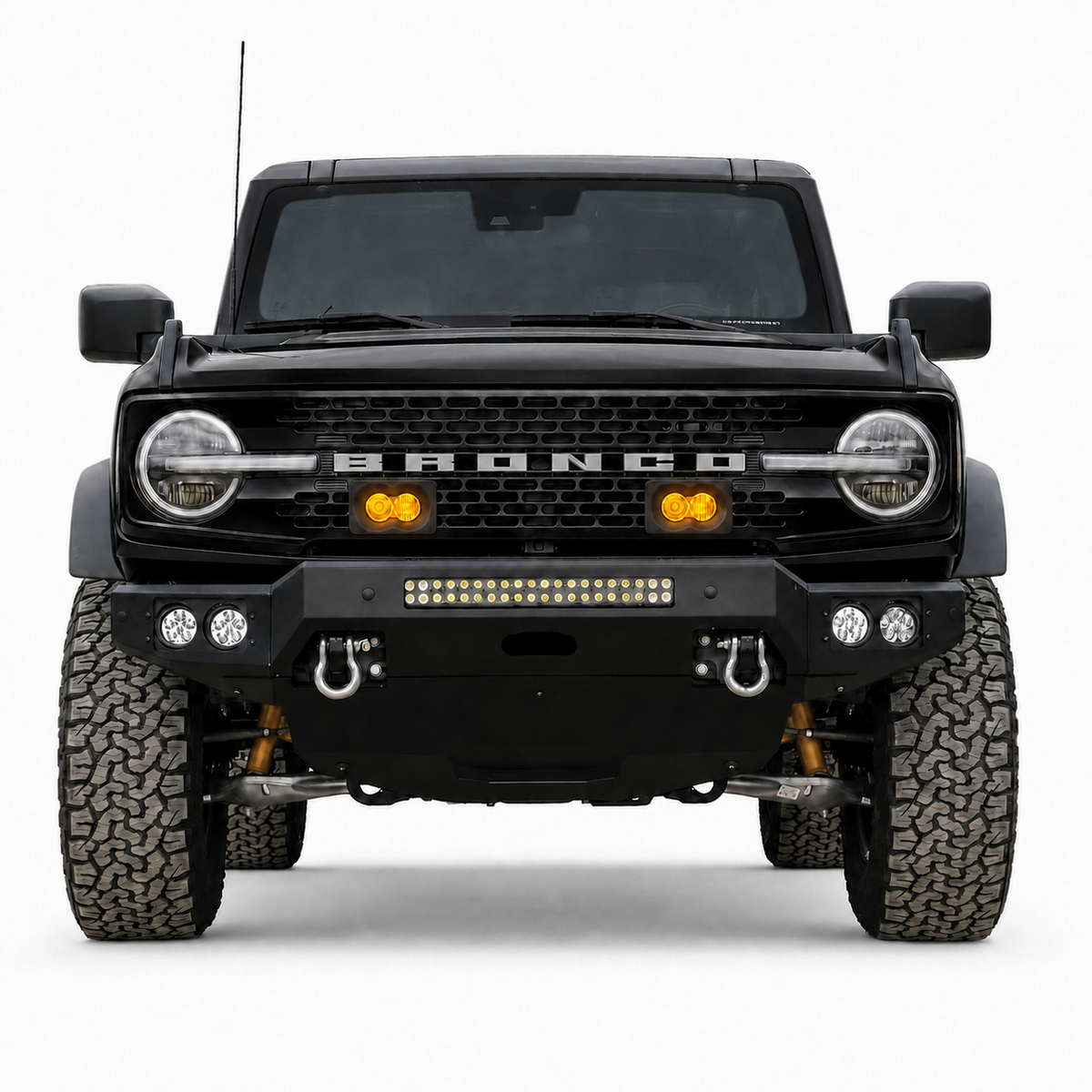 Visualization of VNTR WORKS Baja Designs S2 grille integration on a black Ford Bronco
