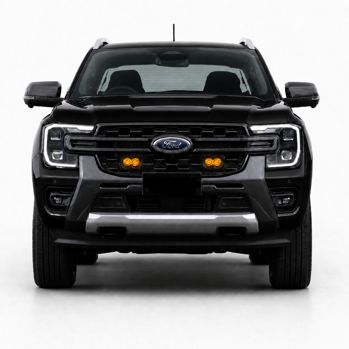 Visualization of VNTR WORKS Baja Designs S2 grille integration on a black Ford Ranger