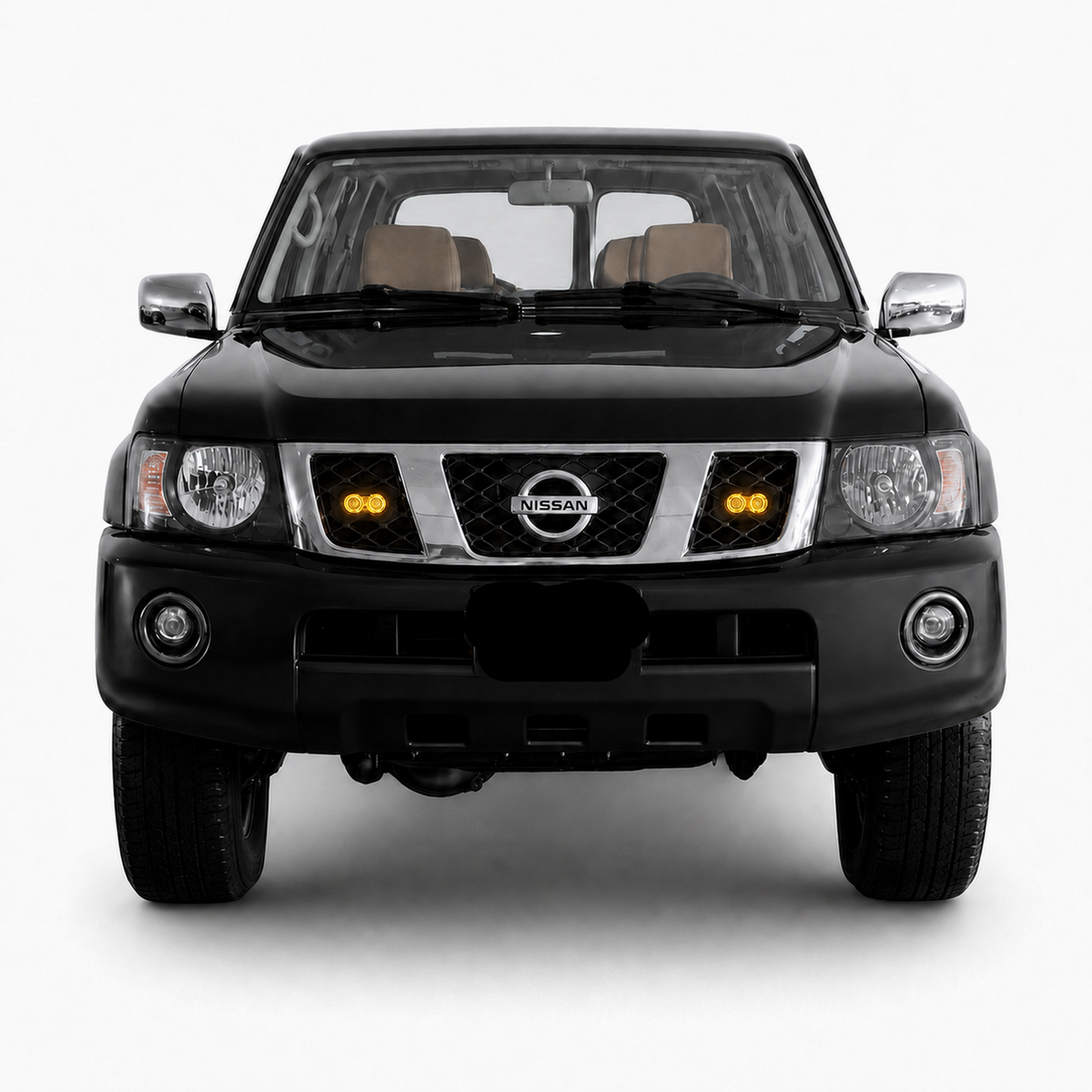 Visualization of VNTR WORKS Baja Designs S2 grille integration on a black Nissan Patrol